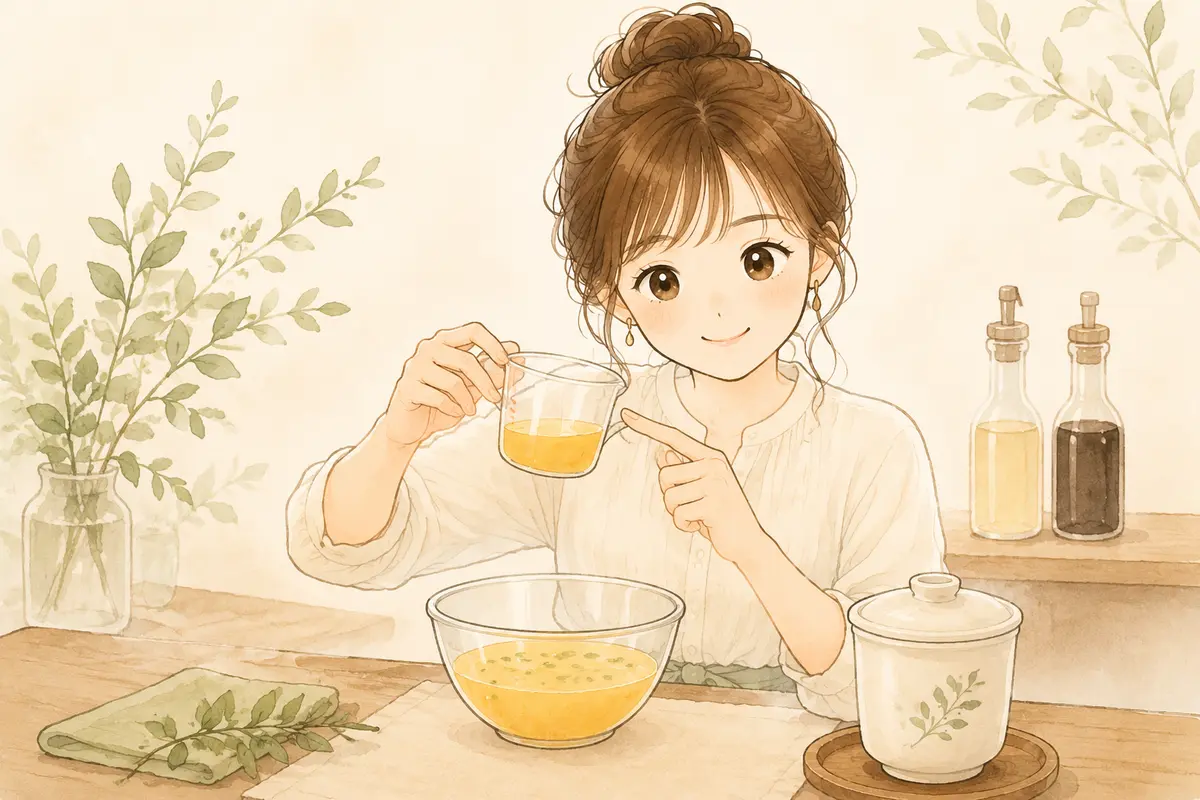 卵の容量と調味済み液を計り、茶碗蒸しの分量を考えるゆらのイラスト