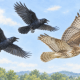 2羽のカラスが飛び去るタカを追いかけてモビングする様子