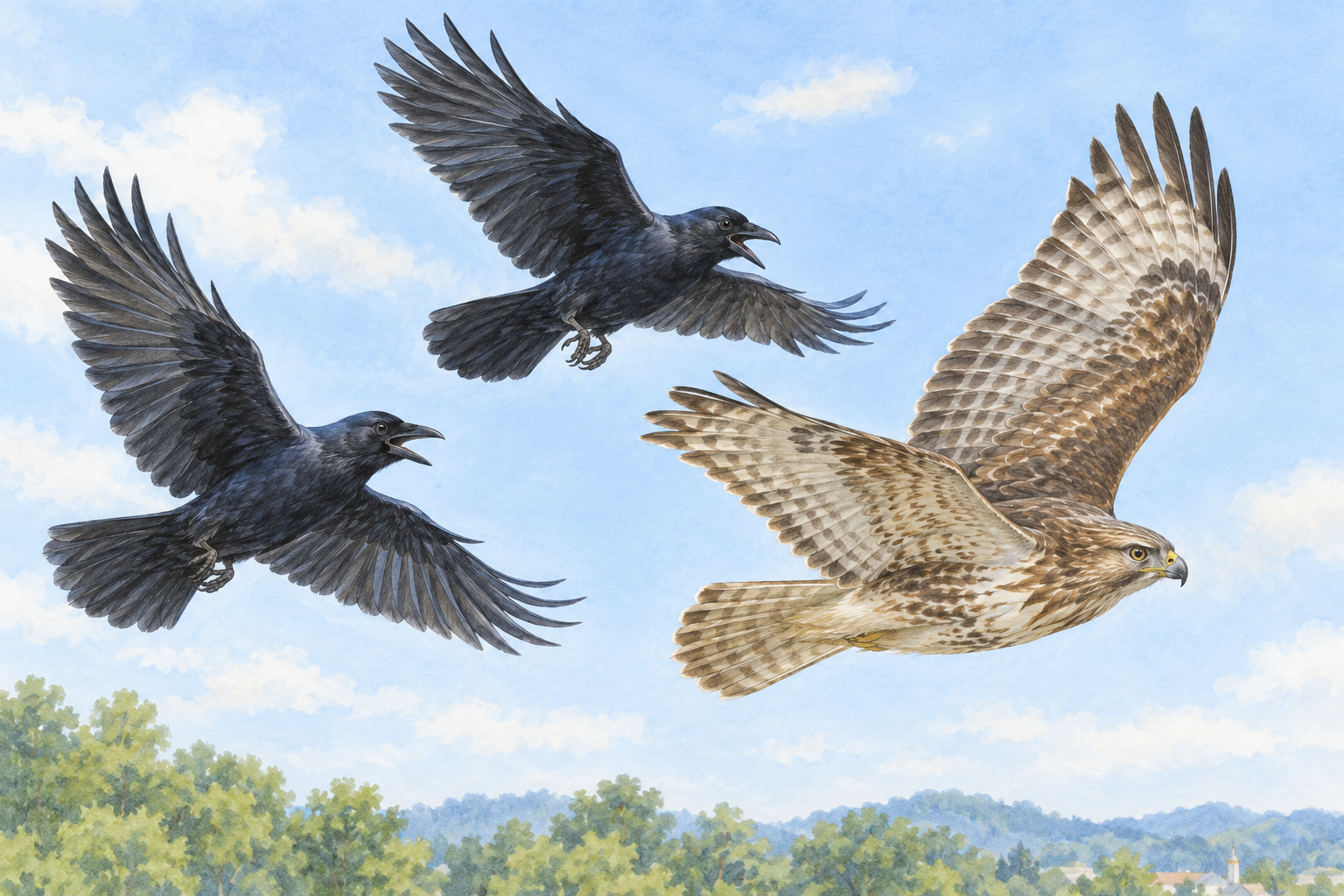 2羽のカラスが飛び去るタカを追いかけてモビングする様子