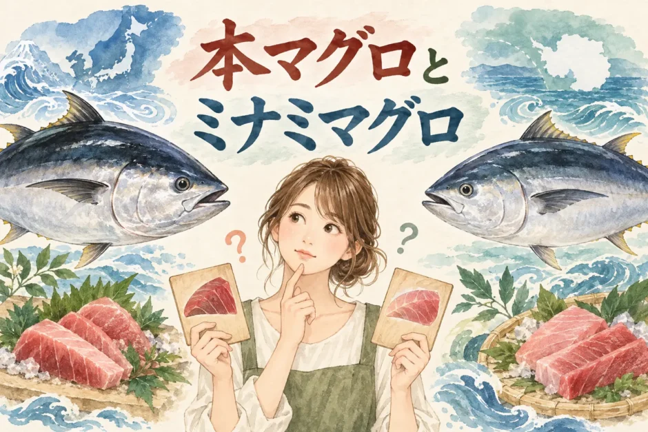 本マグロとミナミマグロを見比べるゆらの水彩イラスト