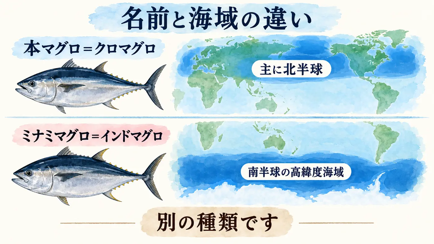 本マグロとミナミマグロの呼び名と主な分布海域の違い