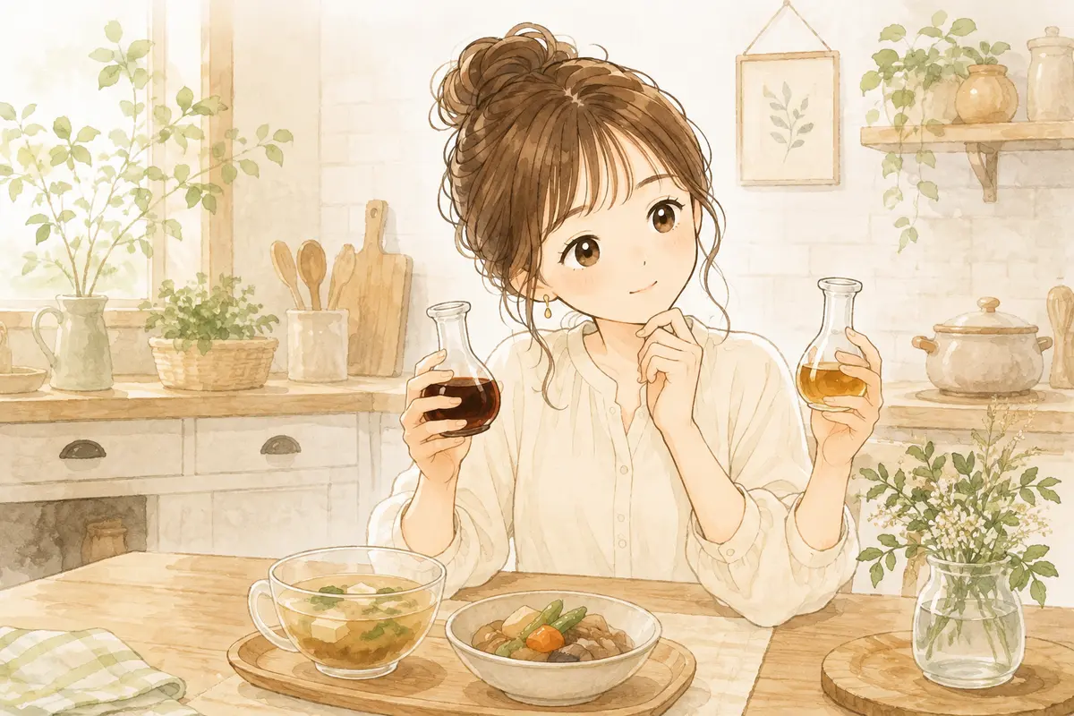 濃口醤油と薄口醤油の色を見比べながら考えるゆらのイラスト