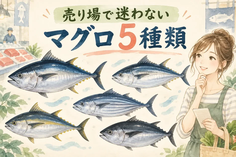 スーパーでマグロ5種類を見比べるゆらの水彩イラスト