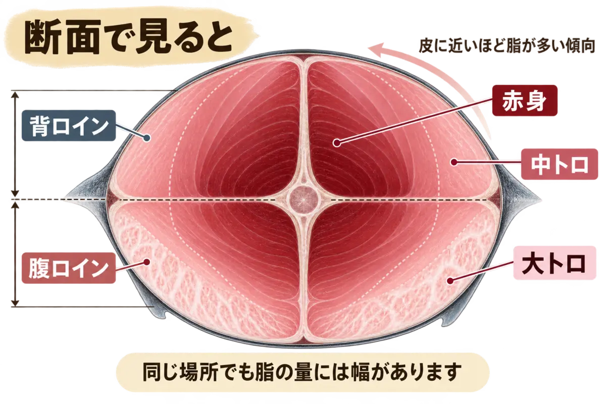マグロの断面で見た赤身・中トロ・大トロの位置関係