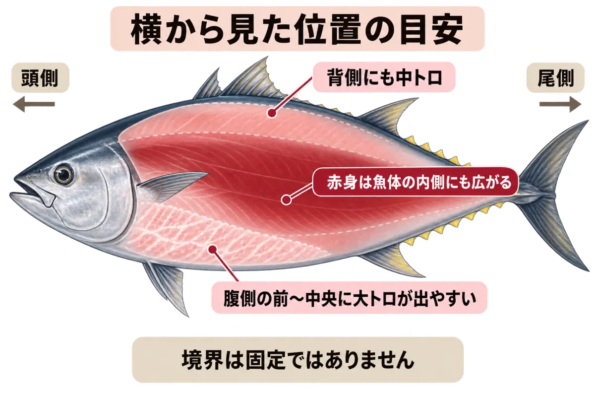 マグロを横から見た赤身・中トロ・大トロのおおまかな位置