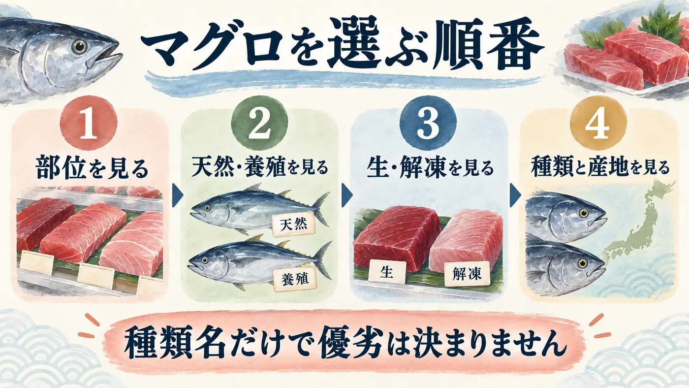 部位、天然養殖、生解凍、種類と産地の順にマグロを選ぶ図