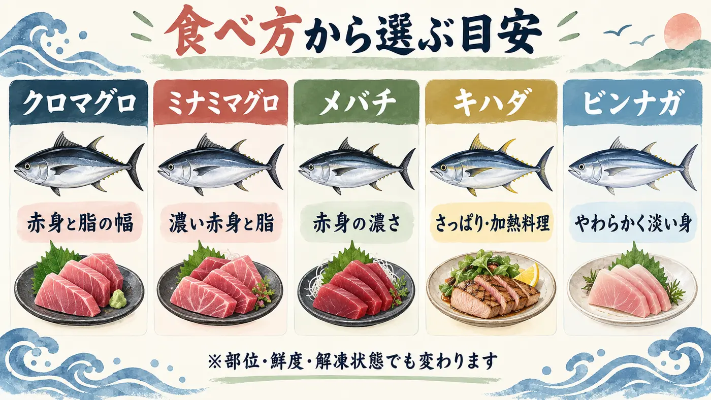 クロマグロ、ミナミマグロ、メバチ、キハダ、ビンナガを食べ方から選ぶ図