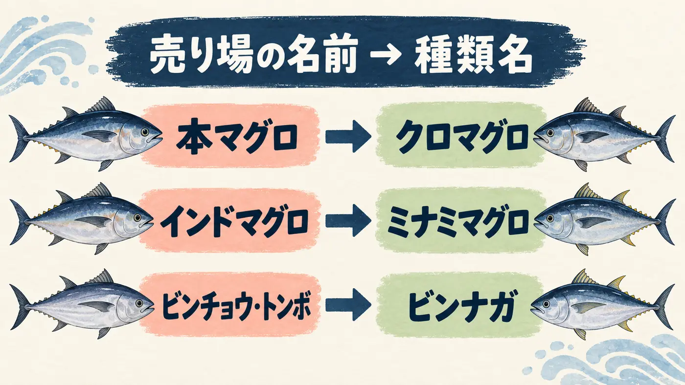 本マグロ、インドマグロ、ビンチョウの売り場名と種類名の対応図