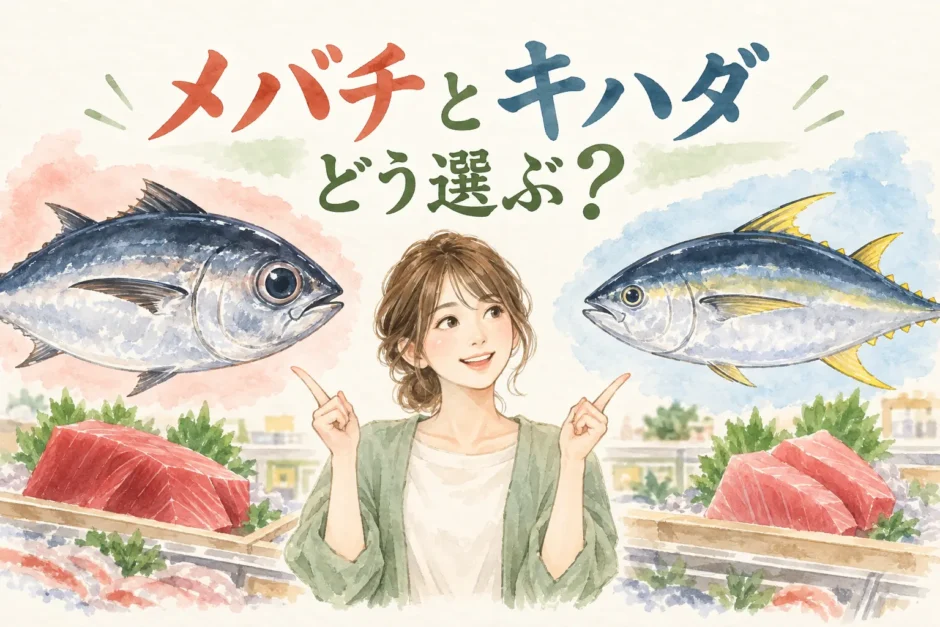 メバチとキハダを見比べるゆらの水彩イラスト