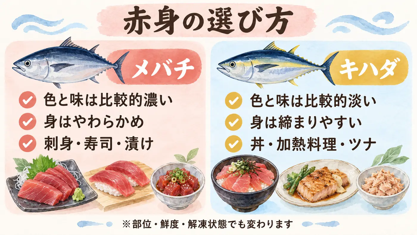 メバチとキハダの色、味、食感、向く料理の違いを比較した図