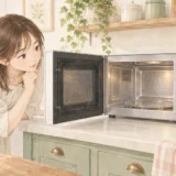 開いた電子レンジの金属製の庫内を見て疑問を持つゆらのイラスト