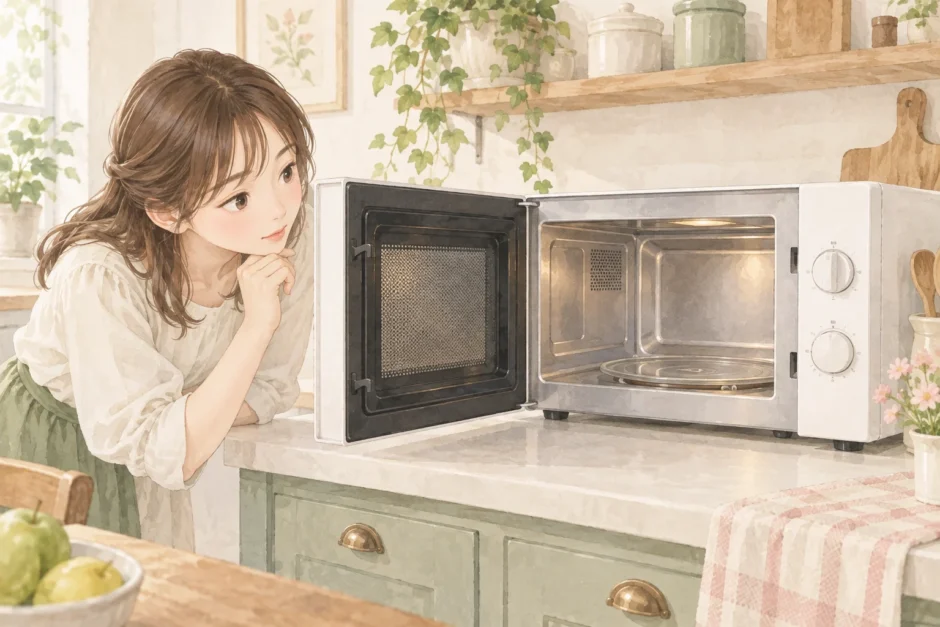 開いた電子レンジの金属製の庫内を見て疑問を持つゆらのイラスト