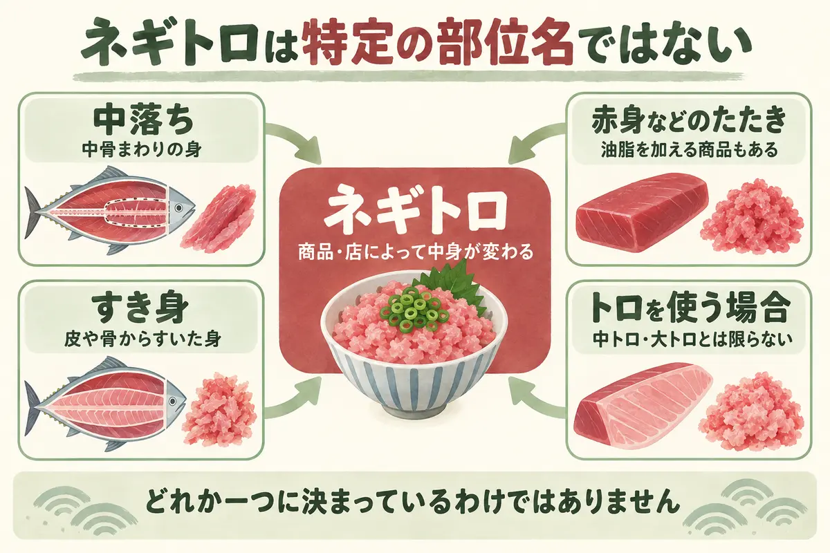 ネギトロに使われる可能性のある中落ち、すき身、赤身のたたき、トロを整理した図
