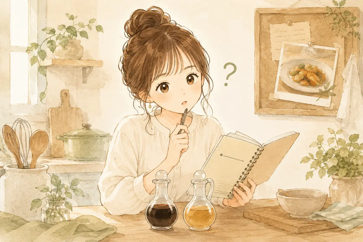 材料欄に醤油とだけ書かれたレシピを見ながら種類を考えるゆらのイラスト