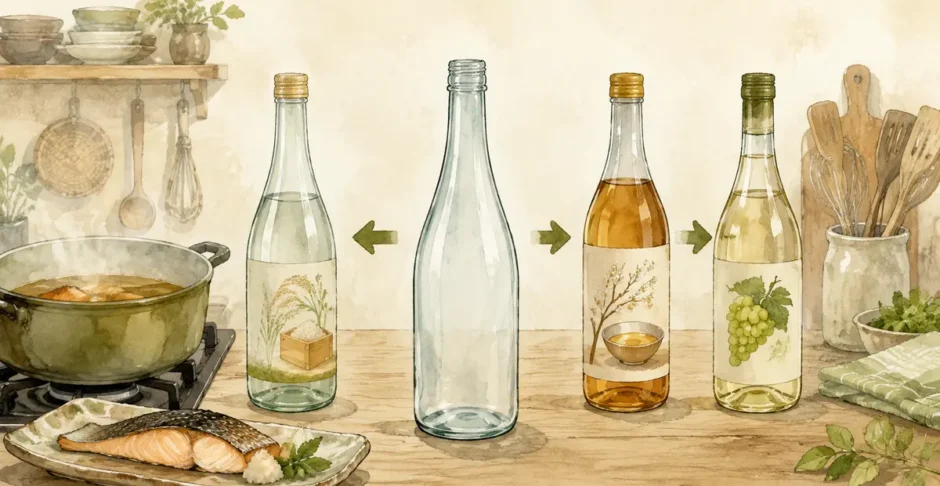 日本酒・本みりん・白ワインから料理酒の代用品を選ぶイラスト