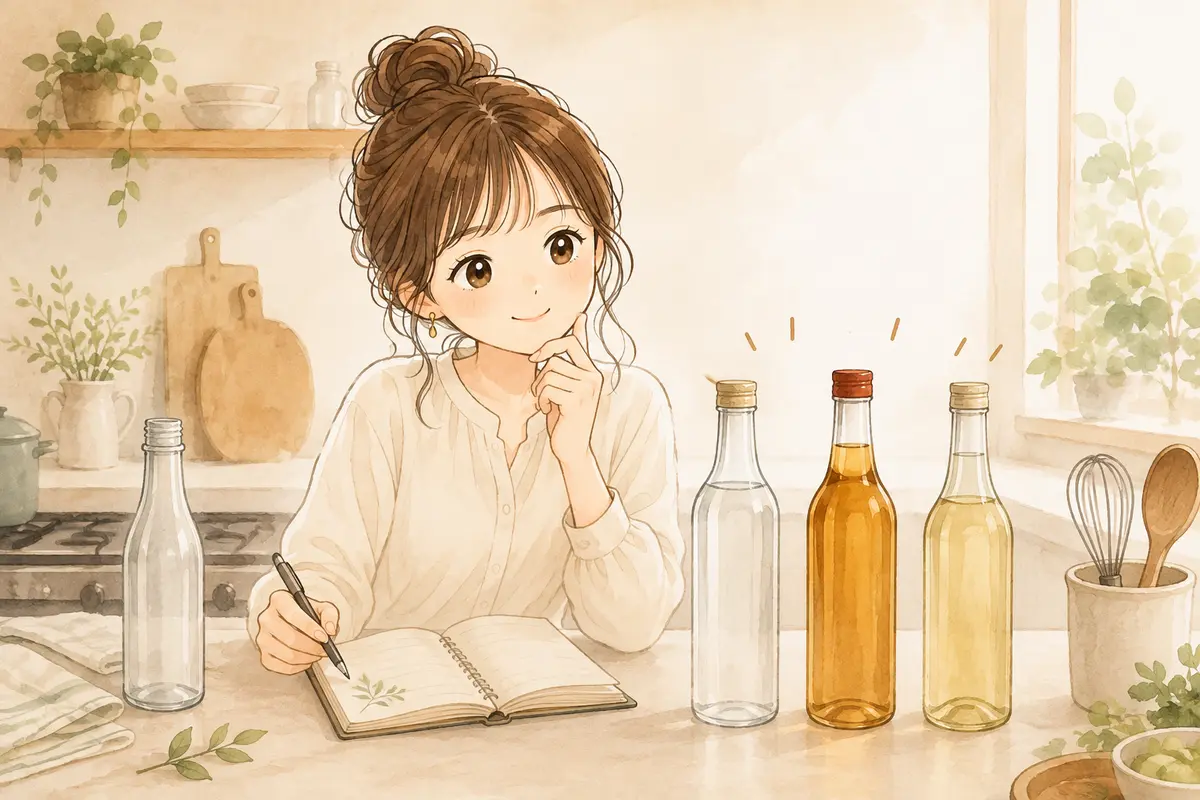 料理酒がないキッチンで日本酒・本みりん・白ワインを考えるゆらのイラスト