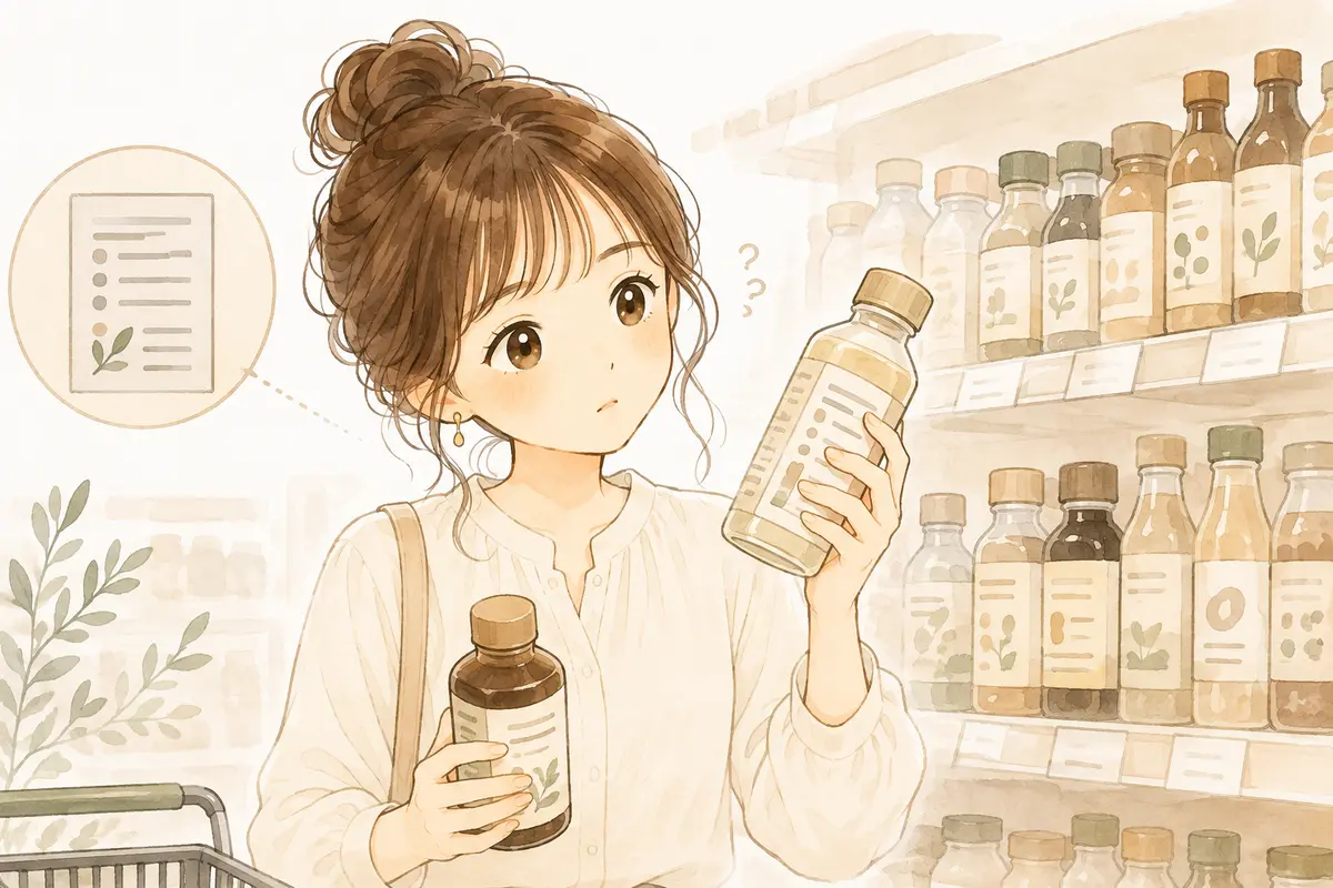 スーパーで料理酒の裏面ラベルを見比べるゆらのイラスト