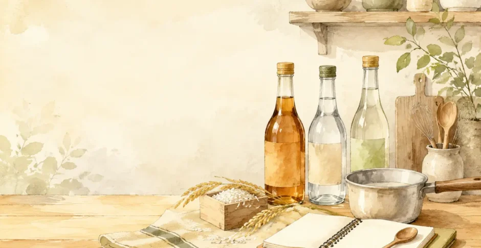 料理酒・料理清酒・日本酒を並べ、レシピの酒選びを表したイラスト
