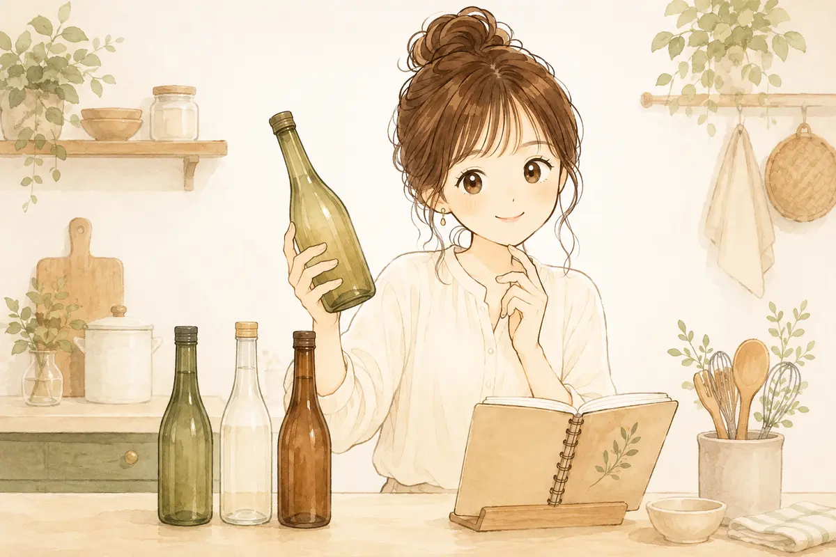 レシピを見ながら3本の酒を比べるゆらのイラスト