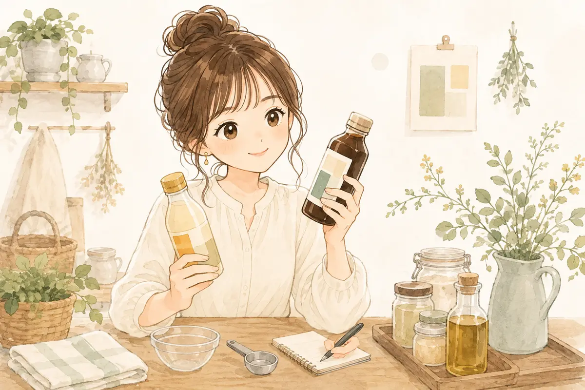 白だしとめんつゆのラベルを見比べて分量を考えるゆらのイラスト