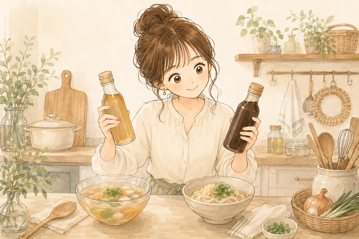 白だしとめんつゆを持ち、料理の仕上がりを見比べるゆらのイラスト