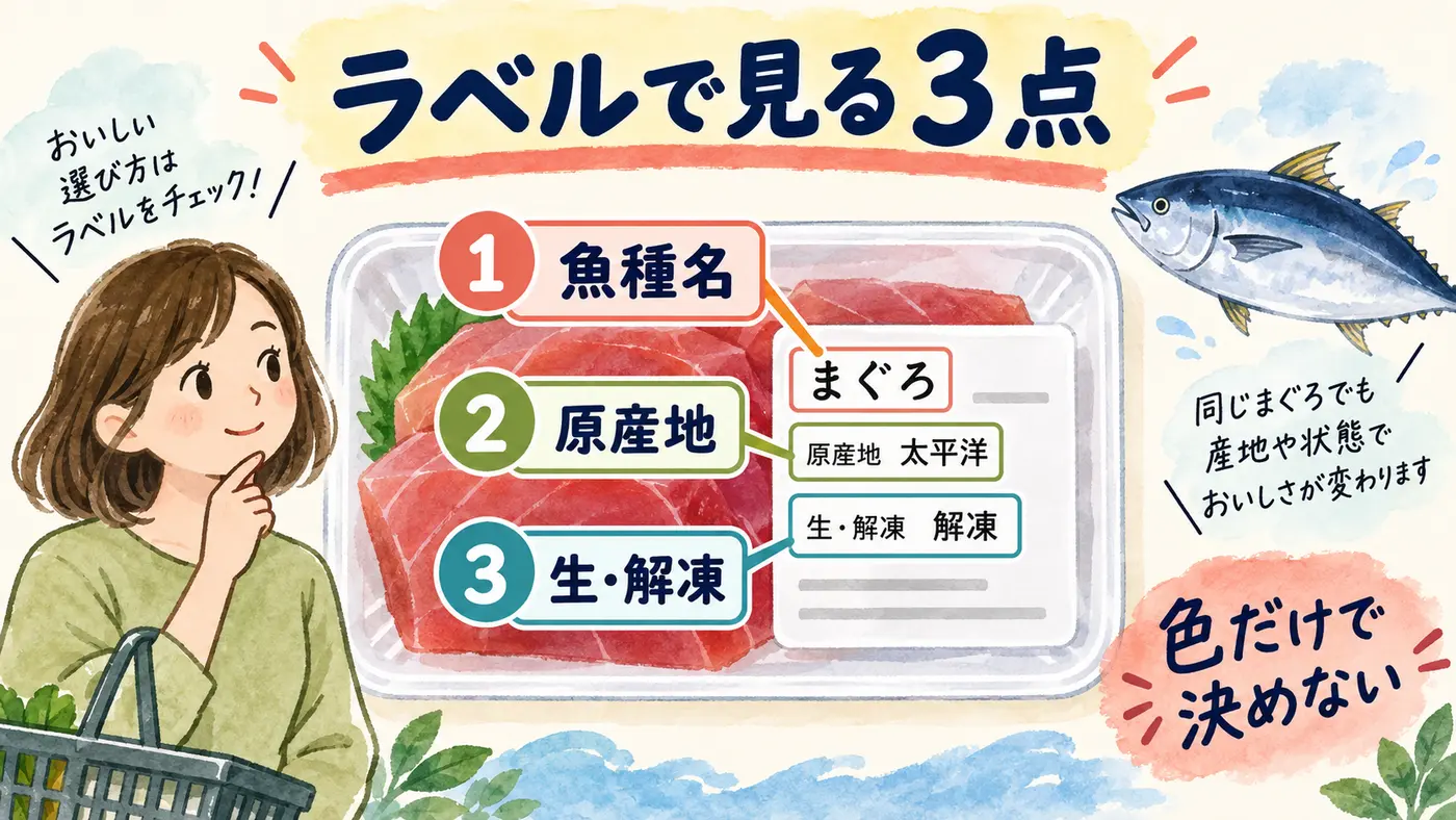 マグロのラベルで魚種名、原産地、生・解凍を確認する図