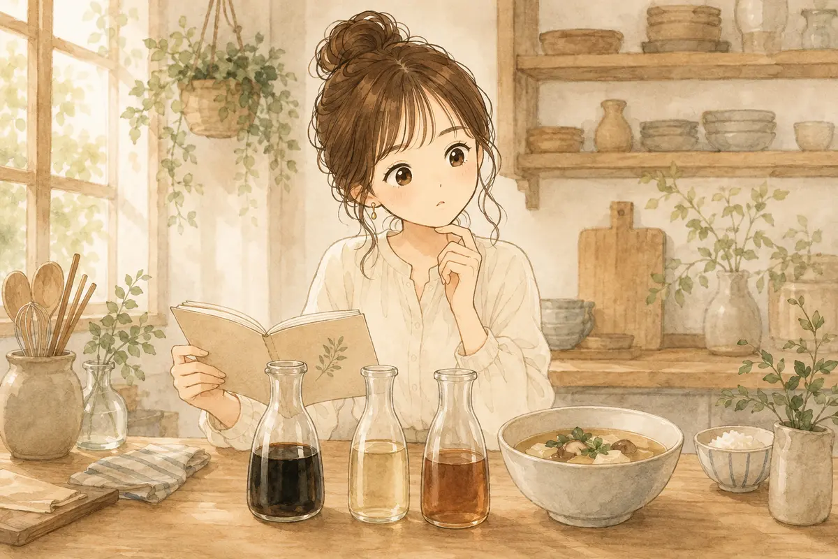 薄口醤油がなく、濃口醤油・白だし・めんつゆから代用品を考えるゆらのイラスト