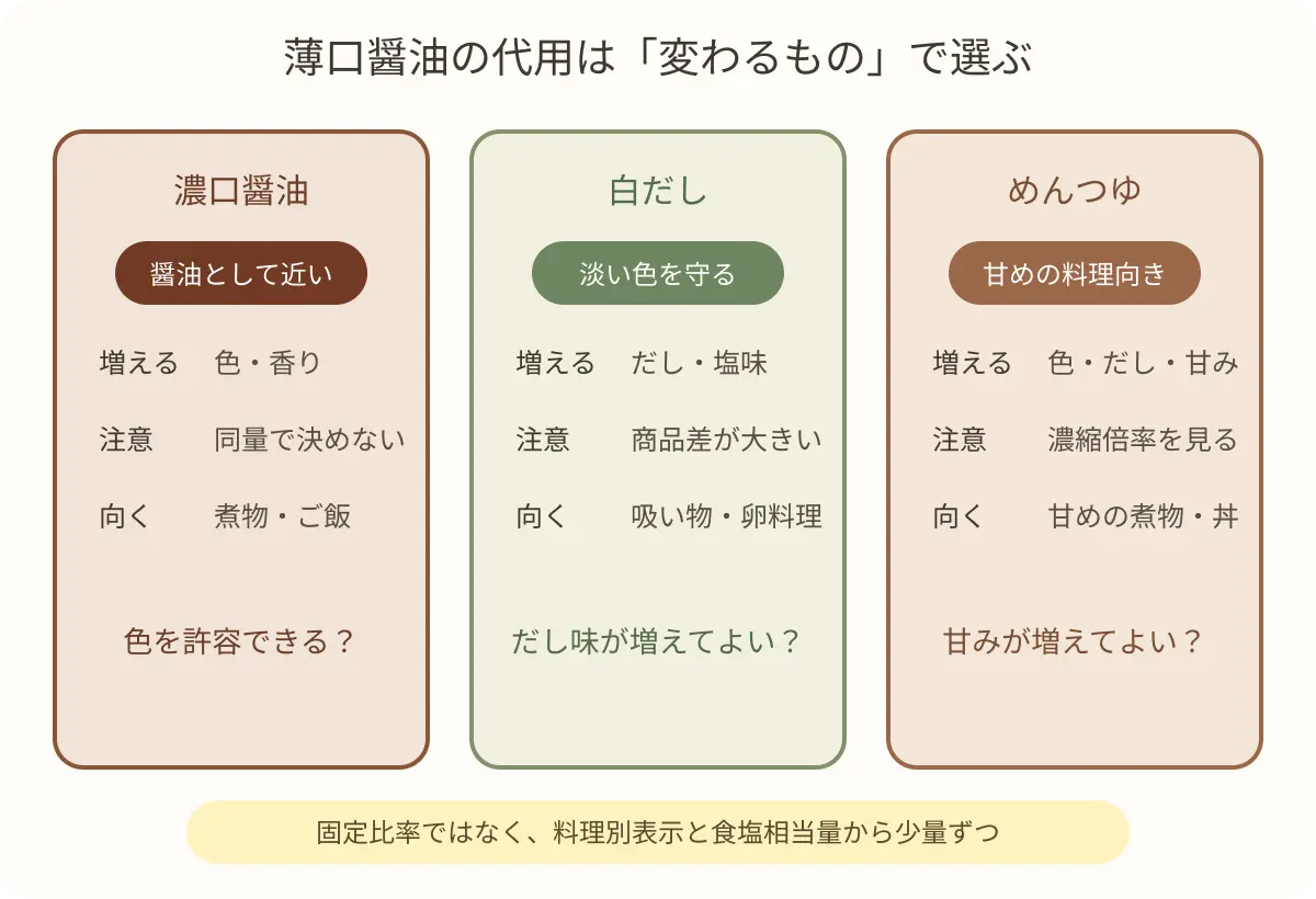 薄口醤油の代用候補である濃口醤油・白だし・めんつゆの変化を比較した図