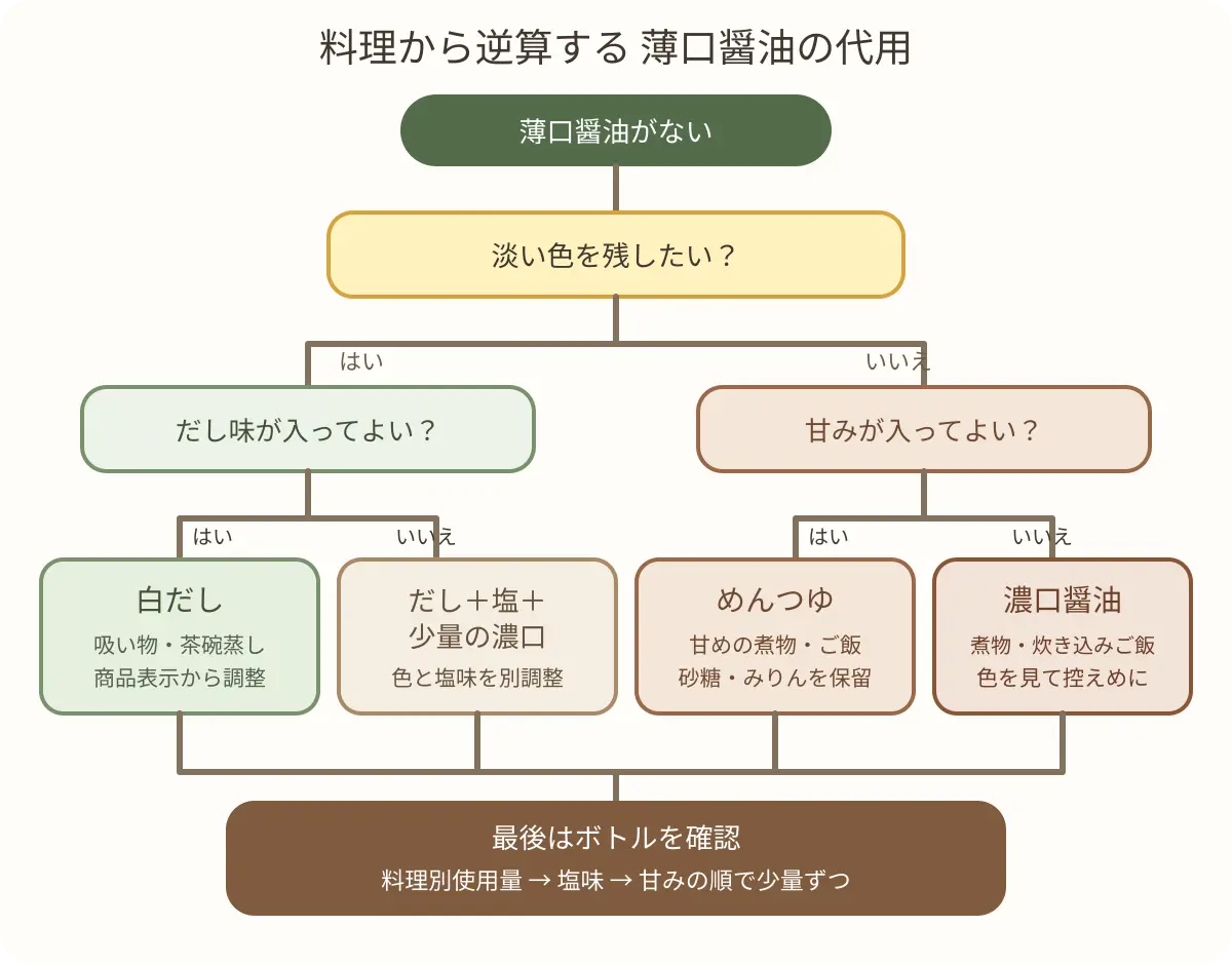 料理の色・だし味・甘みから薄口醤油の代用品を選ぶフローチャート