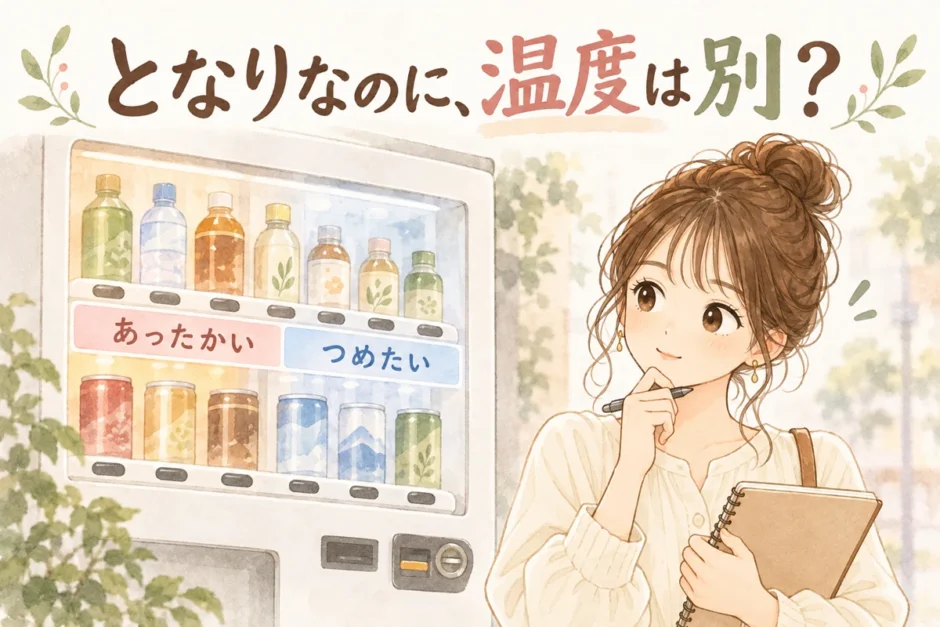 温かい飲み物と冷たい飲み物の表示を見比べるゆらの水彩イラスト