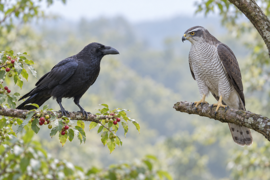 枝にとまるカラスとオオタカを並べた比較イメージ