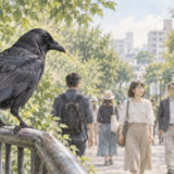 人の顔を見分けるように通行人を観察するハシブトガラス