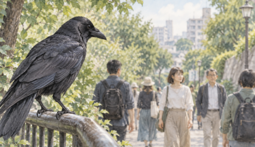 人の顔を見分けるように通行人を観察するハシブトガラス