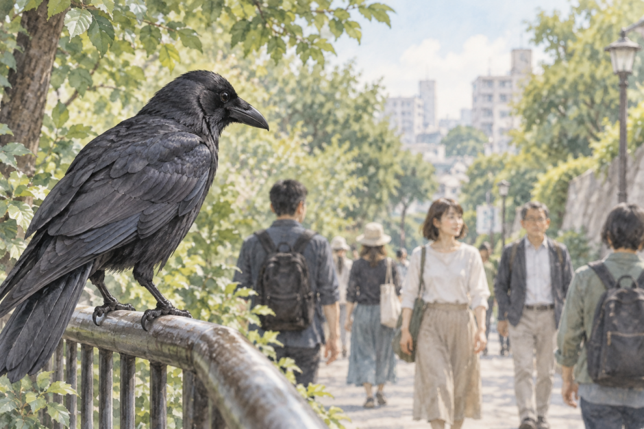 人の顔を見分けるように通行人を観察するハシブトガラス