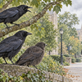警戒声を上げる成鳥を見ながら遠くの人物を観察するカラスの親子