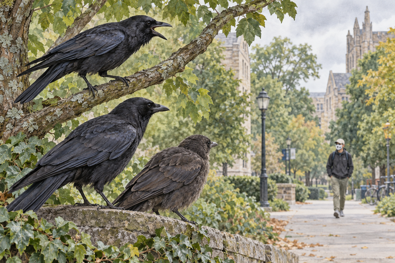 警戒声を上げる成鳥を見ながら遠くの人物を観察するカラスの親子